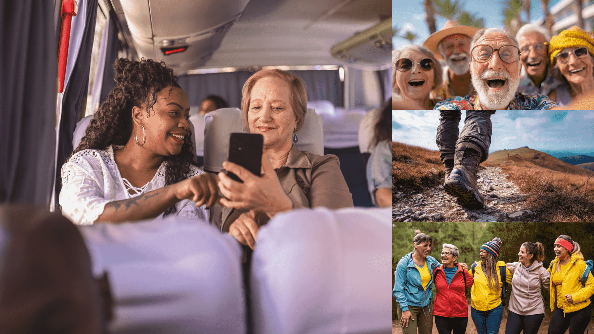 Cuántas paradas Ruta del Sol se hacen realmente y su duración fascinante 10 Collage de fotos que muestra la experiencia en la ruta del sol adultos mayores comodidad en el bus y disfrute en grupo - Avalos Tours.