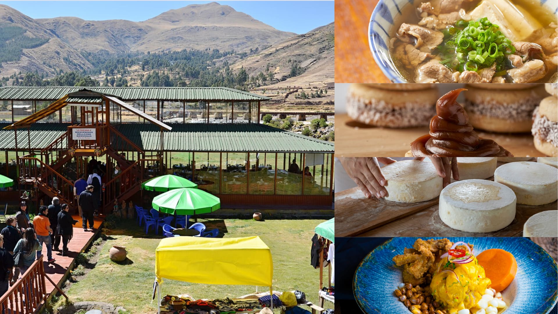 Collage del restaurante buffet en Sicuani con platos típicos: queso fresco, alfajores y comida andina para viajeros de la ruta puno cusco .