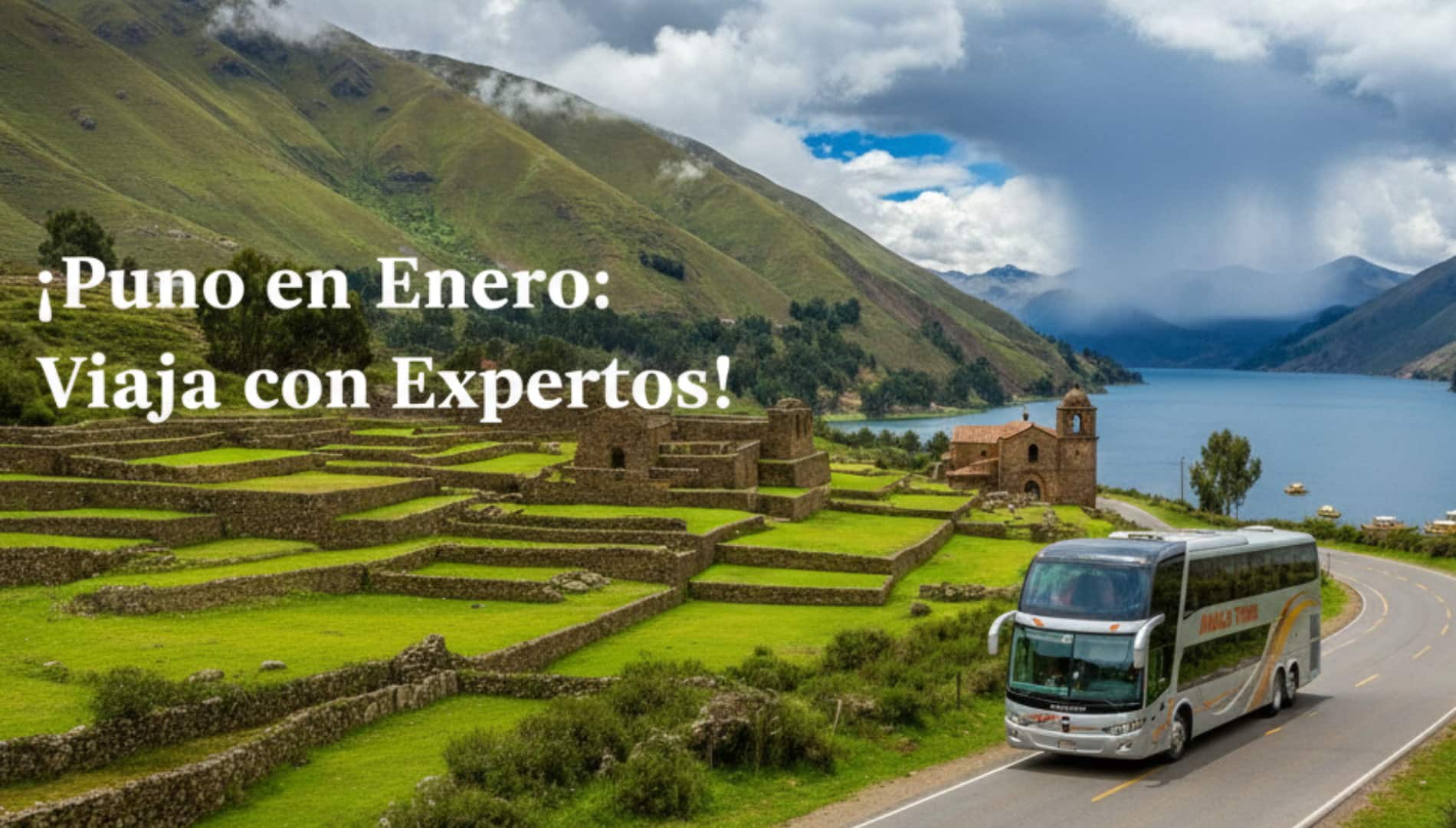 Vista panorámica de un bus de Avalos Tours en la carretera hacia Puno en enero, rodeado de paisajes verdes y lagunas bajo un cielo andino.