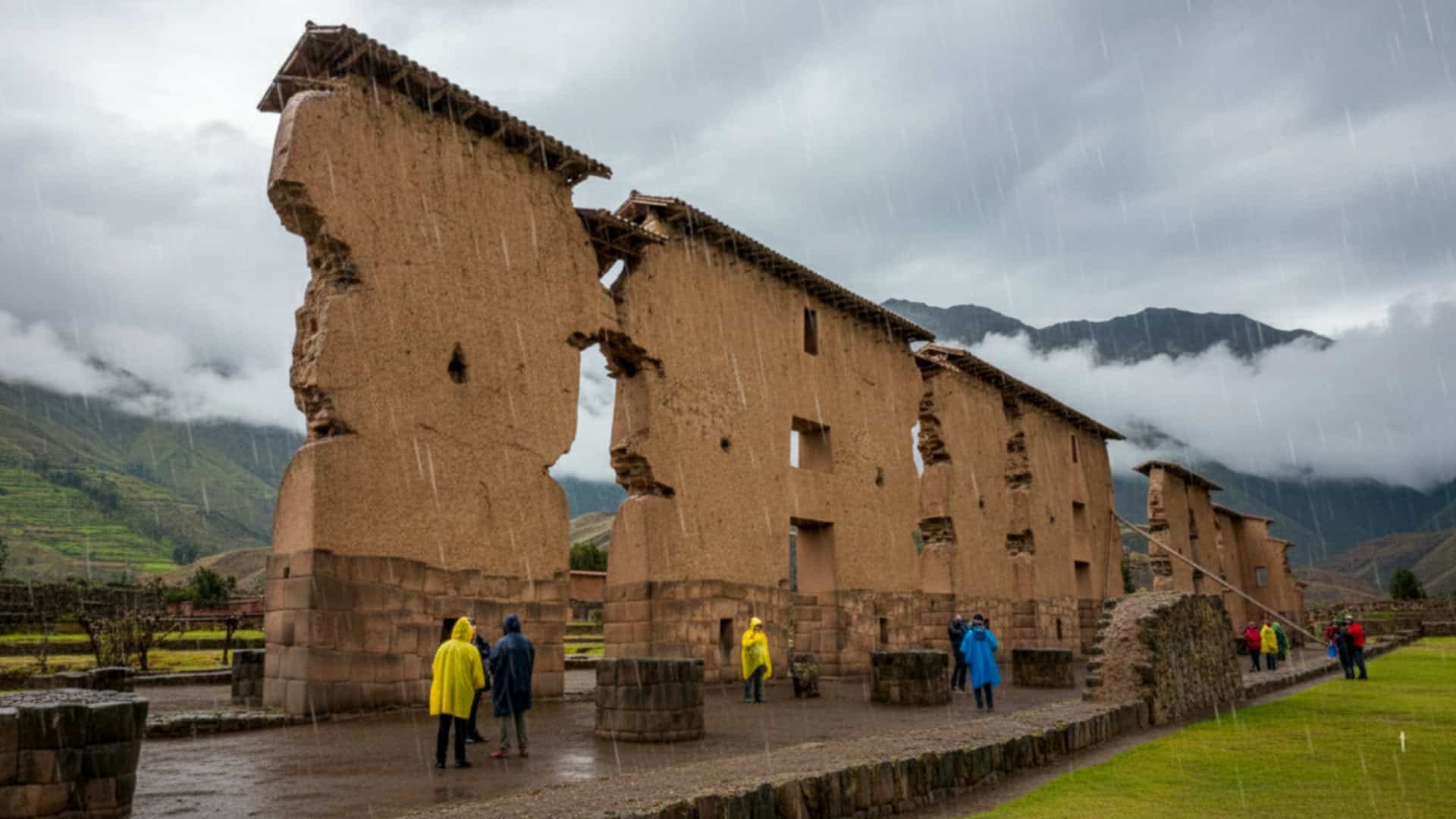 Columnas de piedra volcánica del Templo de Wiracocha en Raqchi en lluvia, rodeadas de campos verdes intensos y montañas cubiertas por nubes bajas.