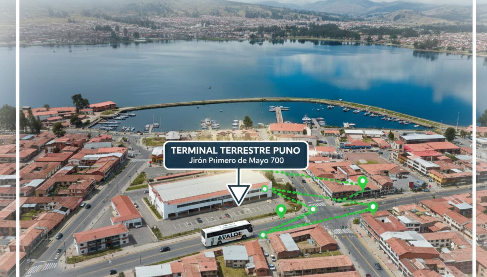 Vista aérea de la ciudad de Puno señalando el Terminal Terrestre Puno en el Jirón Primero de Mayo 700, con el Lago Titicaca al fondo.