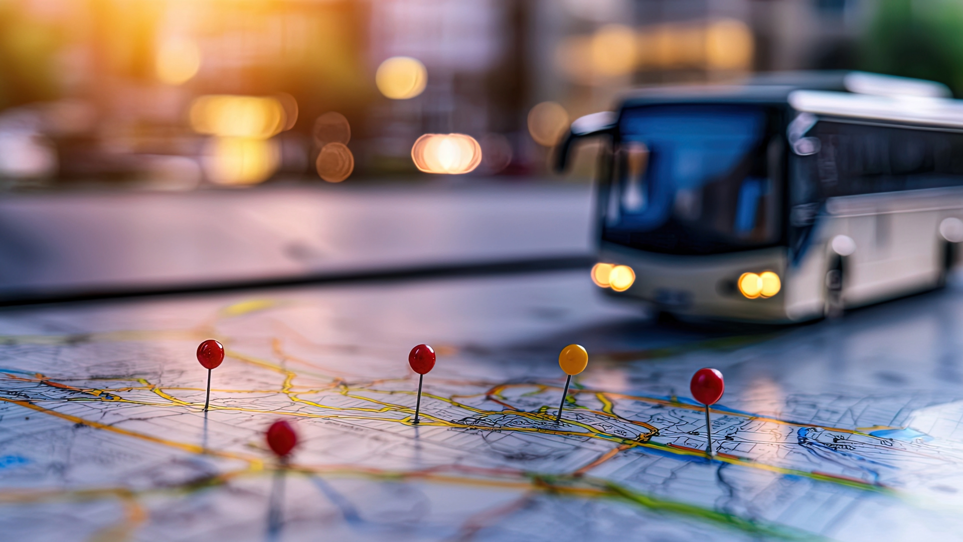 Mapa detallado con pines de ruta en primer plano y un bus de pasajeros moderno al fondo, representando los protocolos de seguridad vial en los Andes de Avalos Tours.