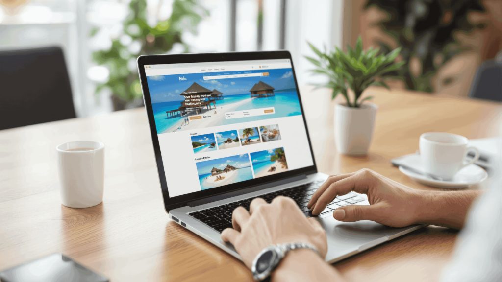 Persona usando una laptop para reservar ruta del sol de forma fácil y segura en nuestra página web - Avalos Tours.