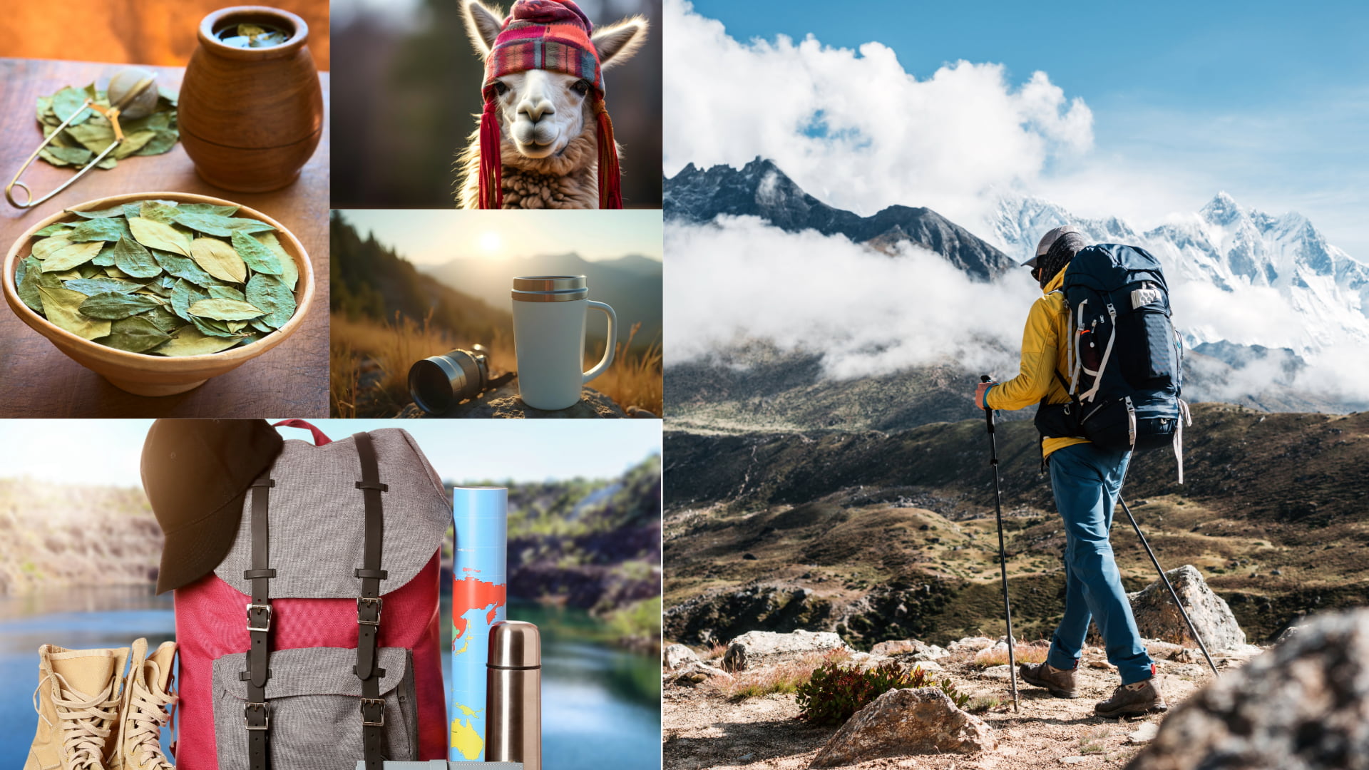 Collage de elementos esenciales de altura: hojas de coca, llama con chullo, mochila de senderismo y ropa de frío. Muestra exactamente que llevar al Lago Titicaca para el tour.