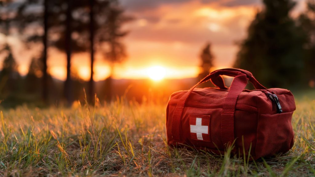 Botiquín de primeros auxilios rojo en la hierba al atardecer. Esencial para tu mochila de mano en el bus de Cusco a Puno.